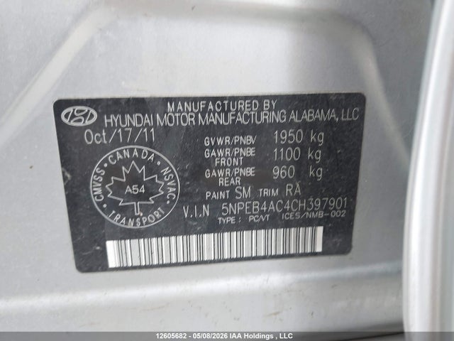 2012 Hyundai Sonata Gls მანქანა იყიდება აუქციონზე, vin: 5NPEB4AC4CH397901, აუქციონის ნომერი: 12605682