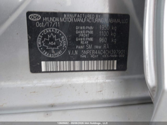 2012 Hyundai Sonata Gls მანქანა იყიდება აუქციონზე, vin: 5NPEB4AC4CH397901, აუქციონის ნომერი: 12605682