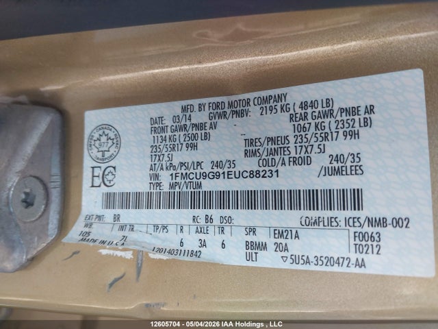 Продажа на аукционе авто 2014 Ford Escape Se, vin: 1FMCU9G91EUC88231, номер лота: 12605704