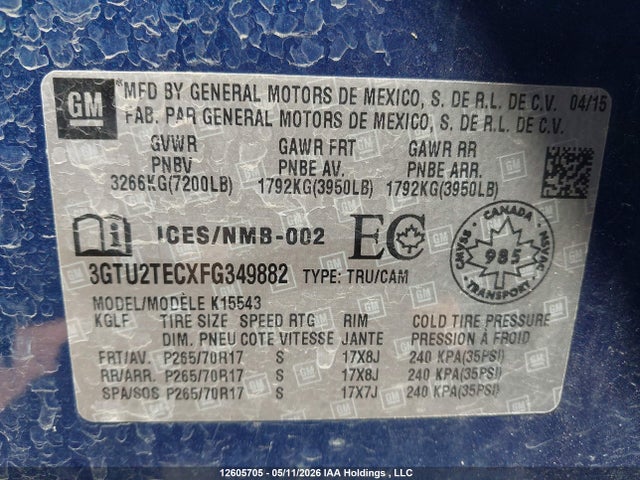 Aukcja sprzedaży 2015 Gmc Sierra 1500, vin: 3GTU2TECXFG349882, numer aukcji: 12605705