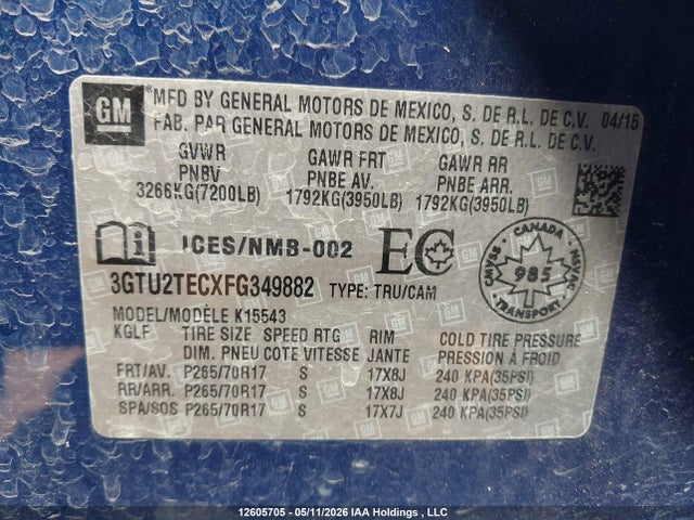 Aukcja sprzedaży 2015 Gmc Sierra 1500, vin: 3GTU2TECXFG349882, numer aukcji: 12605705