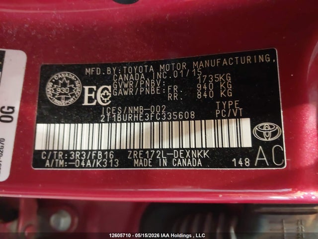 2T1BURHE3FC335608 Toyota Corolla L/le/le Pls/prm/s/s Pls