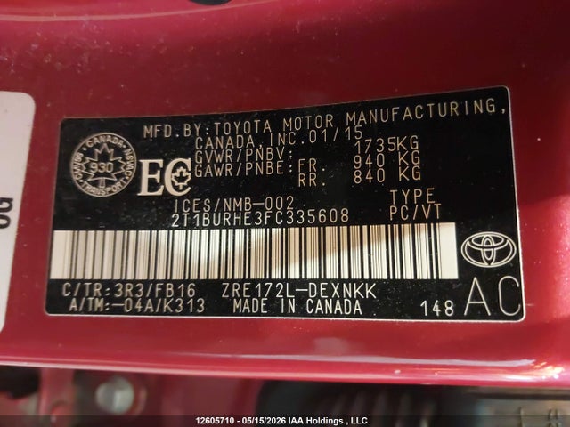 2T1BURHE3FC335608 Toyota Corolla L/le/le Pls/prm/s/s Pls