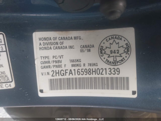 Продажа на аукционе авто 2008 Honda Civic, vin: 2HGFA16598H021339, номер лота: 12605712