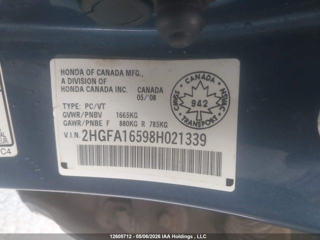 Продажа на аукционе авто 2008 Honda Civic, vin: 2HGFA16598H021339, номер лота: 12605712