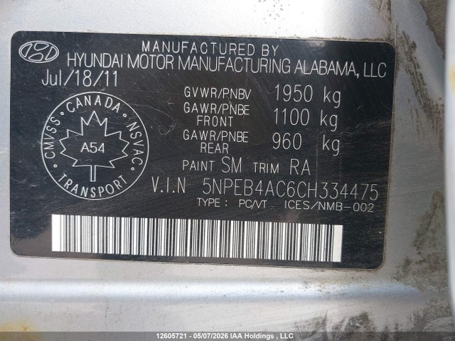 2012 Hyundai Sonata Gls მანქანა იყიდება აუქციონზე, vin: 5NPEB4AC6CH334475, აუქციონის ნომერი: 12605721