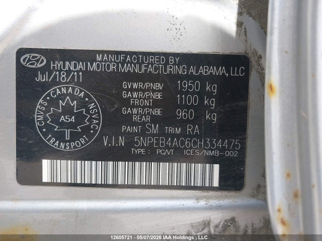 2012 Hyundai Sonata Gls მანქანა იყიდება აუქციონზე, vin: 5NPEB4AC6CH334475, აუქციონის ნომერი: 12605721