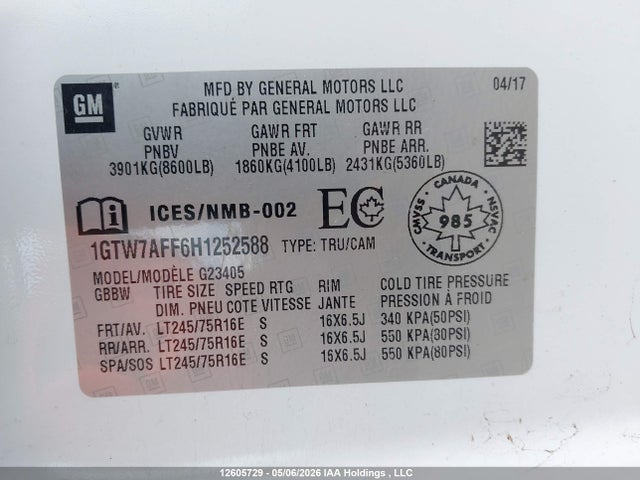 2017 Gmc Savana G2500 მანქანა იყიდება აუქციონზე, vin: 1GTW7AFF6H1252588, აუქციონის ნომერი: 12605729