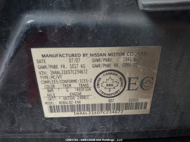 2007 Nissan Altima 2.5/2.5s მანქანა იყიდება აუქციონზე, vin: 1N4AL21E07C234672, აუქციონის ნომერი: 12581743