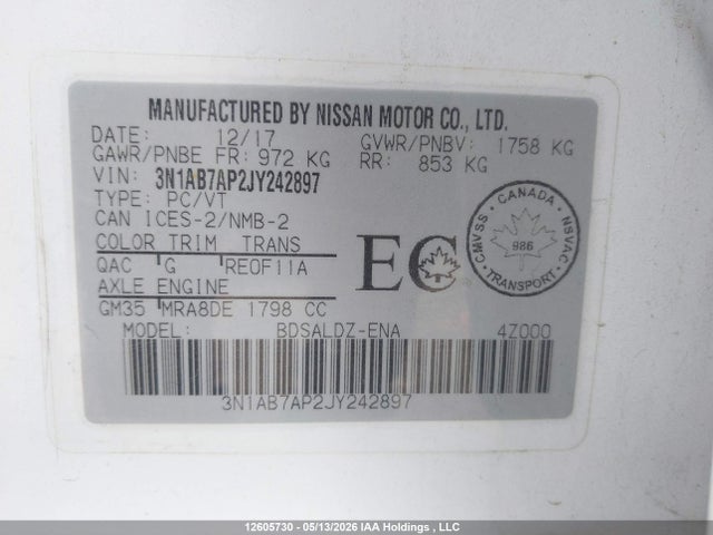 12605730 :رقم المزاد ، 3N1AB7AP2JY242897 vin ، 2018 Nissan Sentra مزاد بيع