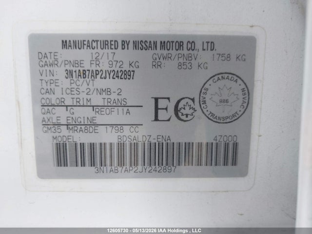 12605730 :رقم المزاد ، 3N1AB7AP2JY242897 vin ، 2018 Nissan Sentra مزاد بيع