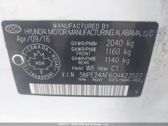 5NPE24AF6GH423527 Hyundai SONATA SE