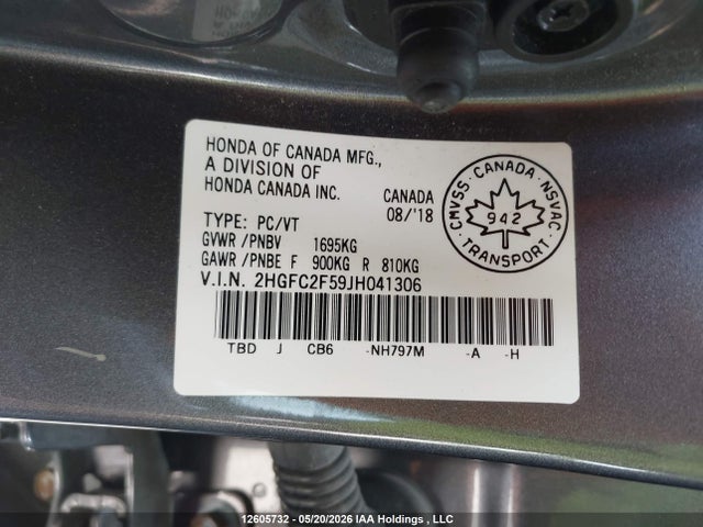 12605732 :رقم المزاد ، 2HGFC2F59JH041306 vin ، 2018 Honda Civic مزاد بيع