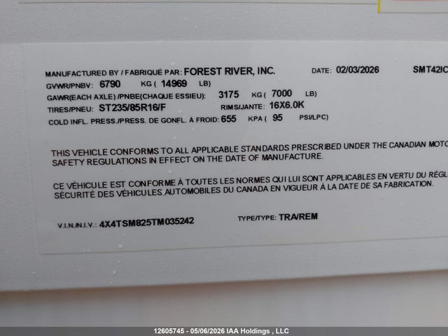 Продажа на аукционе авто 2026 Forest River Salem, vin: 4X4TSM825TM035242, номер лота: 12605745