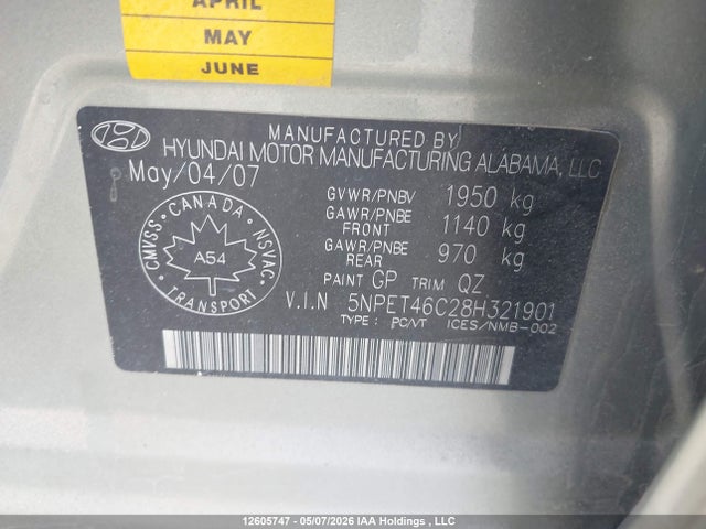 Aukcja sprzedaży 2008 Hyundai Sonata Gls, vin: 5NPET46C28H321901, numer aukcji: 12605747