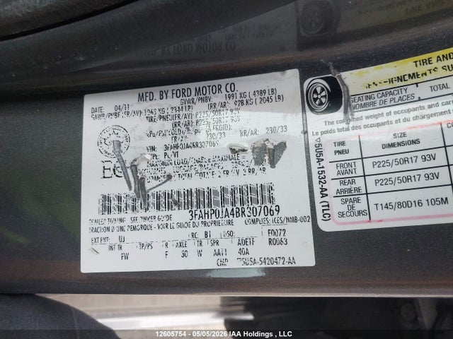 Продажа на аукционе авто 2011 Ford Fusion Sel, vin: 3FAHP0JA4BR307069, номер лота: 12605754