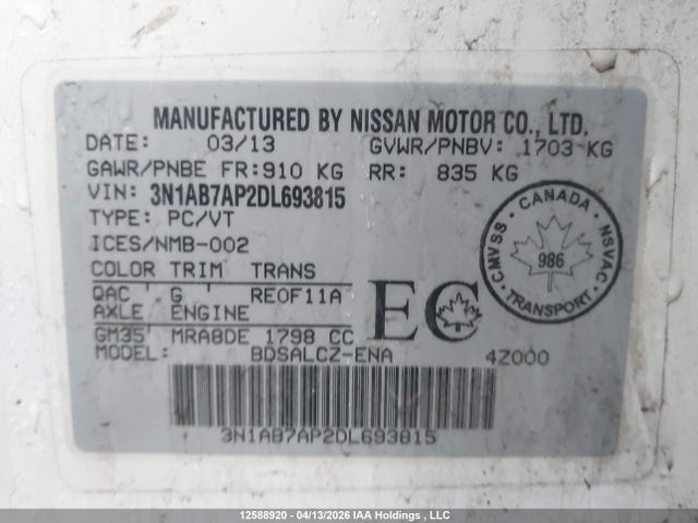 Продаж на аукціоні авто 2013 Nissan Sentra 1.8 S/1.8 Sv, vin: 3N1AB7AP2DL693815, номер лоту: 12588920