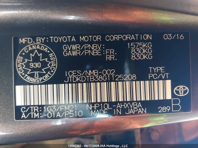 JTDKDTB38G1125208 Toyota Prius C Technology