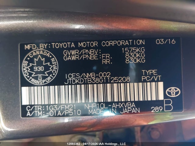 JTDKDTB38G1125208 Toyota Prius C Technology