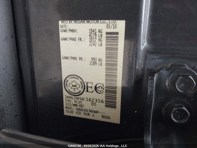 2010 Nissan Altima S მანქანა იყიდება აუქციონზე, vin: 1N4AL2AP1AC162356, აუქციონის ნომერი: 12605766