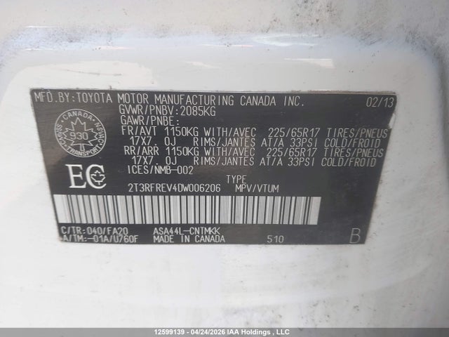 12599139 :رقم المزاد ، 2T3RFREV4DW006206 vin ، 2013 Toyota Rav4 Xle مزاد بيع