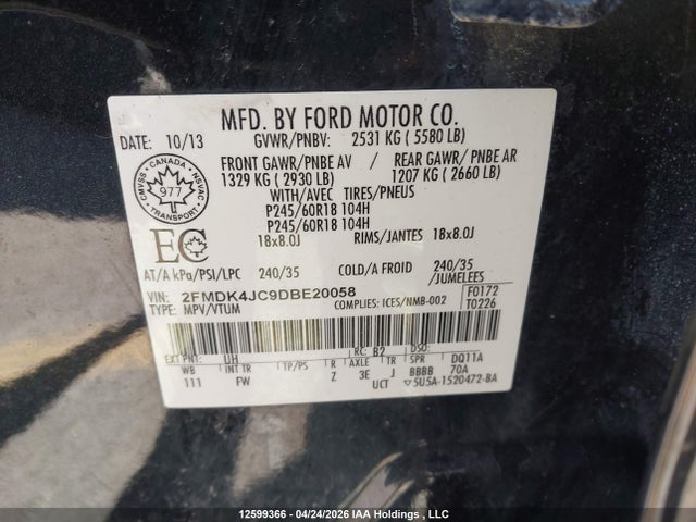 12599366 :رقم المزاد ، 2FMDK4JC9DBE20058 vin ، 2013 Ford Edge Sel مزاد بيع