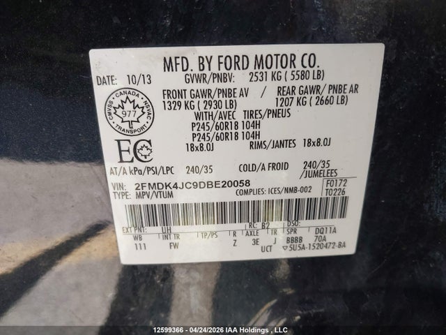 12599366 :رقم المزاد ، 2FMDK4JC9DBE20058 vin ، 2013 Ford Edge Sel مزاد بيع