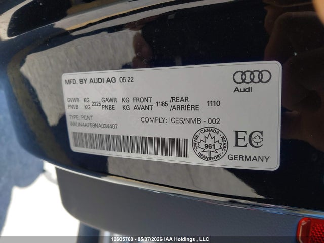 2022 Audi S5 Premium მანქანა იყიდება აუქციონზე, vin: WAUN4AF59NA034407, აუქციონის ნომერი: 12605769