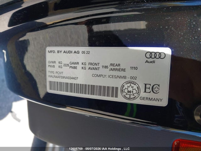 2022 Audi S5 Premium მანქანა იყიდება აუქციონზე, vin: WAUN4AF59NA034407, აუქციონის ნომერი: 12605769