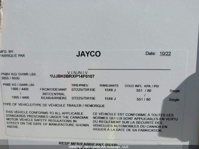 Продажа на аукционе авто 2023 Jayco , vin: 1UJBK0BRXP14F0107, номер лота: 12605782
