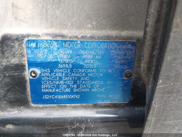 Aukcja sprzedaży 2008 Suzuki Sx4, vin: JS2YC412685104742, numer aukcji: 12605784