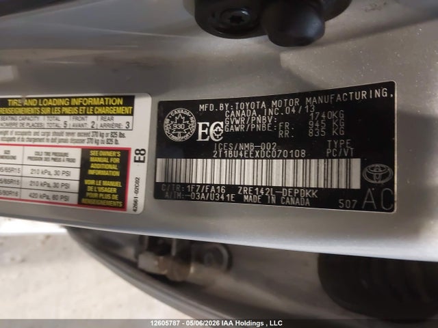 12605787 :رقم المزاد ، 2T1BU4EEXDC070108 vin ، 2013 Toyota Corolla S/le مزاد بيع