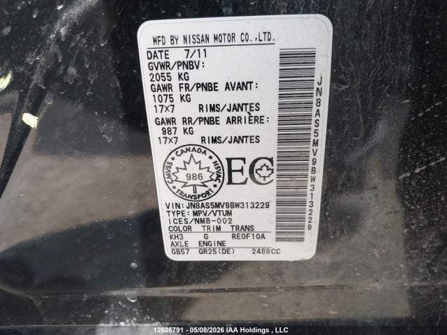 12605791 :رقم المزاد ، JN8AS5MV9BW313229 vin ، 2011 Nissan Rogue Sv مزاد بيع