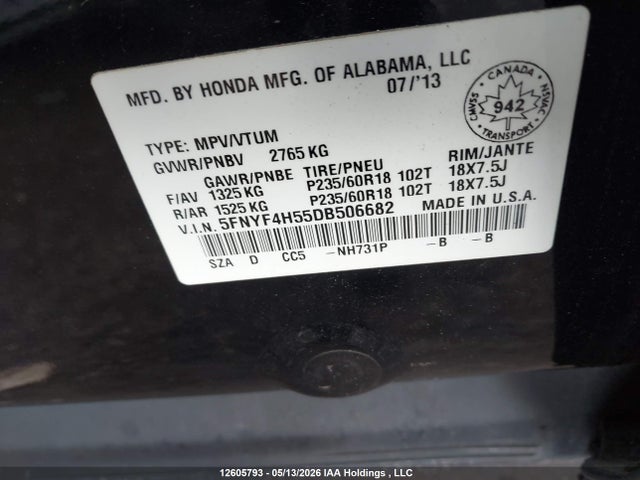 Aukcja sprzedaży 2013 Honda Pilot, vin: 5FNYF4H55DB506682, numer aukcji: 12605793