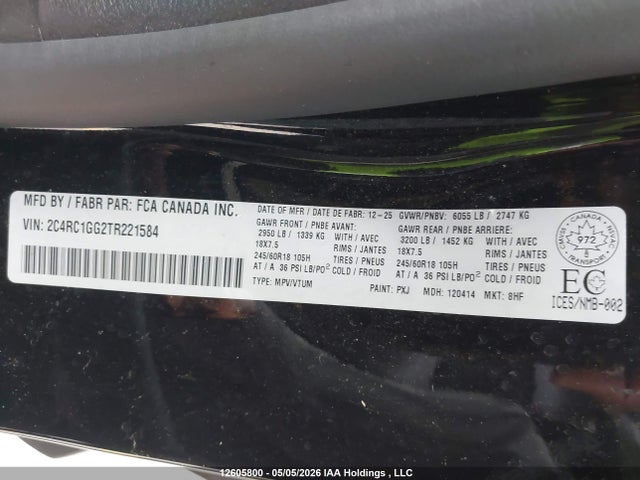 2026 Chrysler Pacifica Limited მანქანა იყიდება აუქციონზე, vin: 2C4RC1GG2TR221584, აუქციონის ნომერი: 12605800