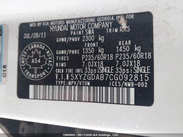 2012 Hyundai Santa Fe Gls მანქანა იყიდება აუქციონზე, vin: 5XYZGDAB7CG092815, აუქციონის ნომერი: 12605803