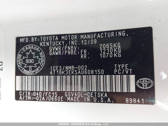 12605804 :رقم المزاد ، 4T1BK3EK5AU608150 vin ، 2010 Toyota Camry مزاد بيع