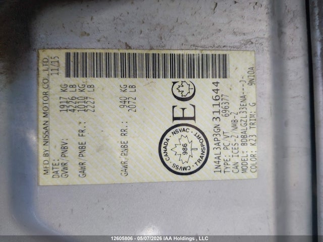 1N4AL3AP3GN311644 Nissan Altima 2.5/s/sv/sl/sr