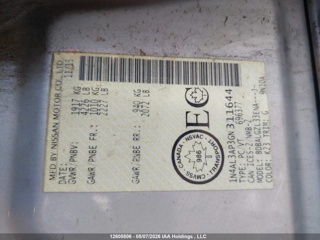 1N4AL3AP3GN311644 Nissan Altima 2.5/s/sv/sl/sr