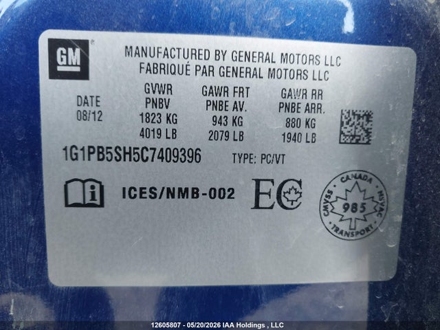 12605807 :رقم المزاد ، 1G1PB5SH5C7409396 vin ، 2012 Chevrolet Cruze Ls مزاد بيع