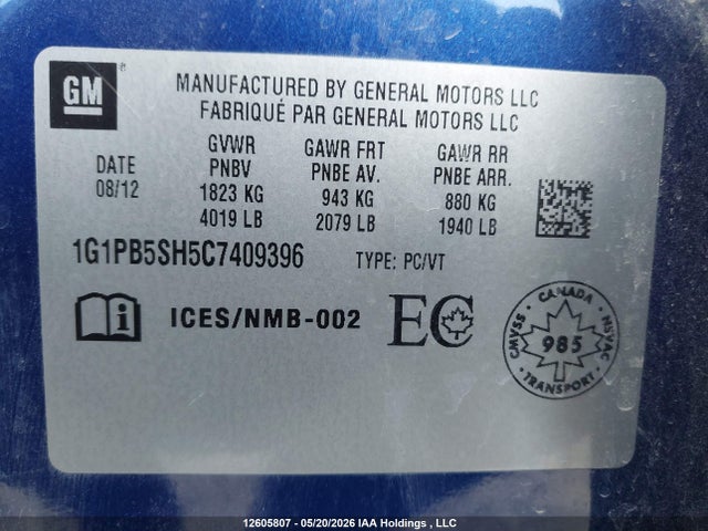 12605807 :رقم المزاد ، 1G1PB5SH5C7409396 vin ، 2012 Chevrolet Cruze Ls مزاد بيع