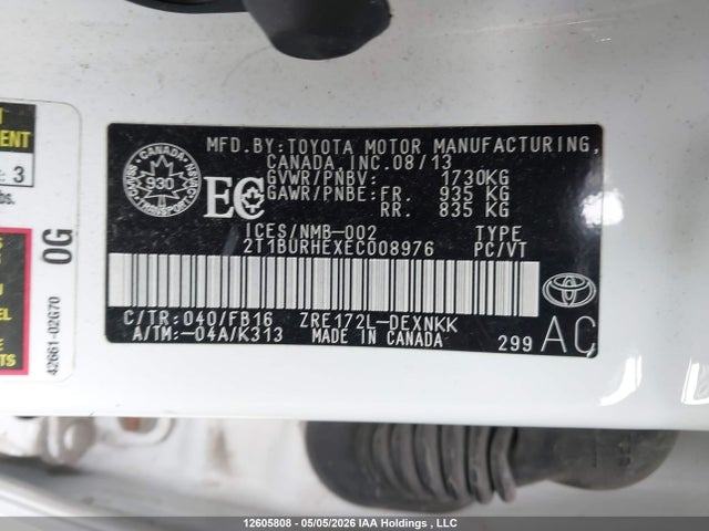 2014 Toyota Corolla L/le/le Pls/prm/s/s Pls მანქანა იყიდება აუქციონზე, vin: 2T1BURHEXEC008976, აუქციონის ნომერი: 12605808