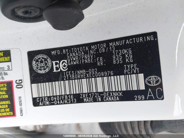 2014 Toyota Corolla L/le/le Pls/prm/s/s Pls მანქანა იყიდება აუქციონზე, vin: 2T1BURHEXEC008976, აუქციონის ნომერი: 12605808