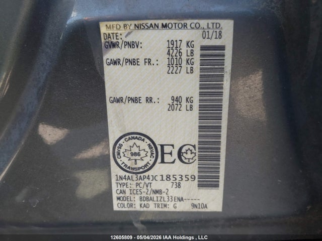 2018 Nissan Altima მანქანა იყიდება აუქციონზე, vin: 1N4AL3AP4JC185359, აუქციონის ნომერი: 12605809