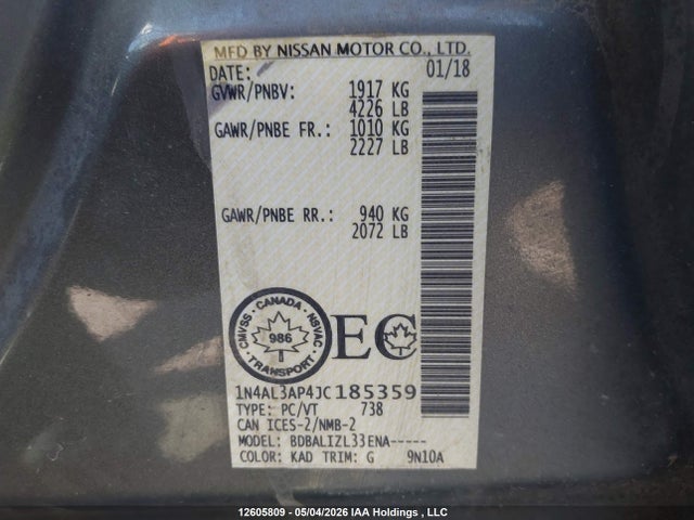 2018 Nissan Altima მანქანა იყიდება აუქციონზე, vin: 1N4AL3AP4JC185359, აუქციონის ნომერი: 12605809