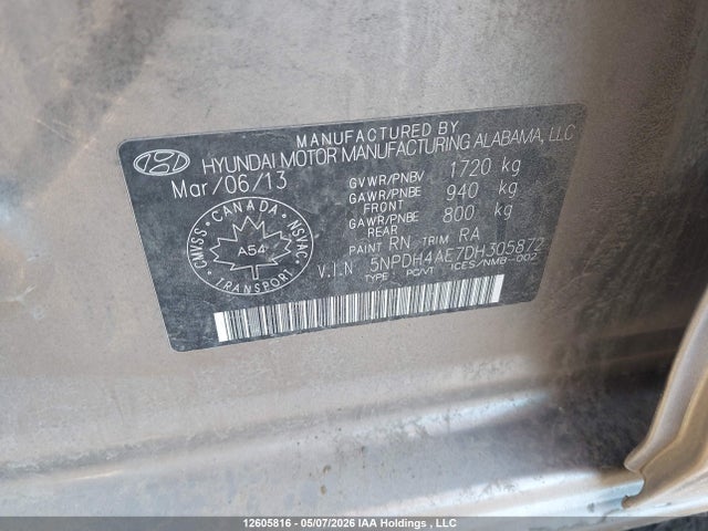 2013 Hyundai Elantra Gls/limited მანქანა იყიდება აუქციონზე, vin: 5NPDH4AE7DH305872, აუქციონის ნომერი: 12605816
