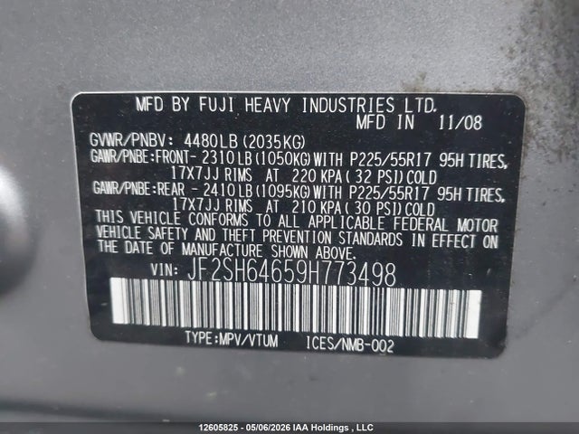 12605825 :رقم المزاد ، JF2SH64659H773498 vin ، 2009 Subaru Forester مزاد بيع