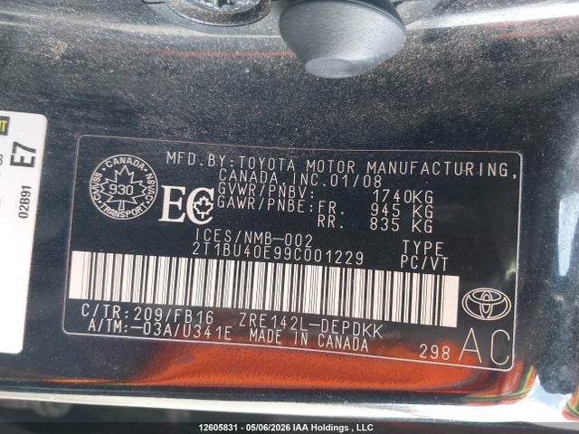 2009 Toyota Corolla Ce მანქანა იყიდება აუქციონზე, vin: 2T1BU40E99C001229, აუქციონის ნომერი: 12605831