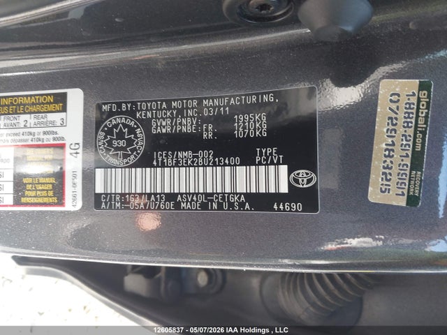 12605837 :رقم المزاد ، 4T1BF3EK2BU213400 vin ، 2011 Toyota Camry Xle مزاد بيع