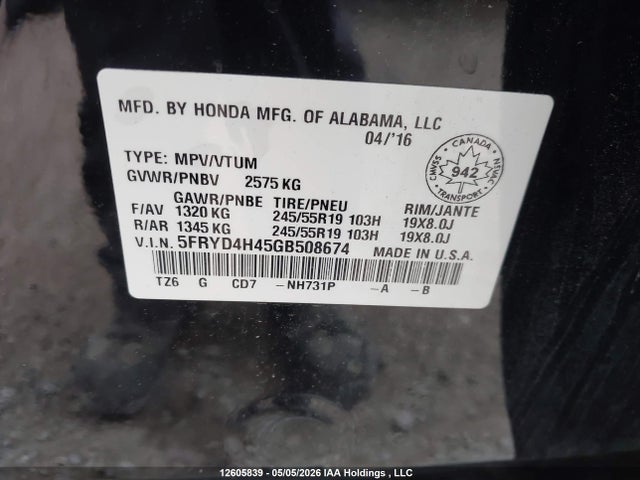 Aukcja sprzedaży 2016 Acura Mdx, vin: 5FRYD4H45GB508674, numer aukcji: 12605839